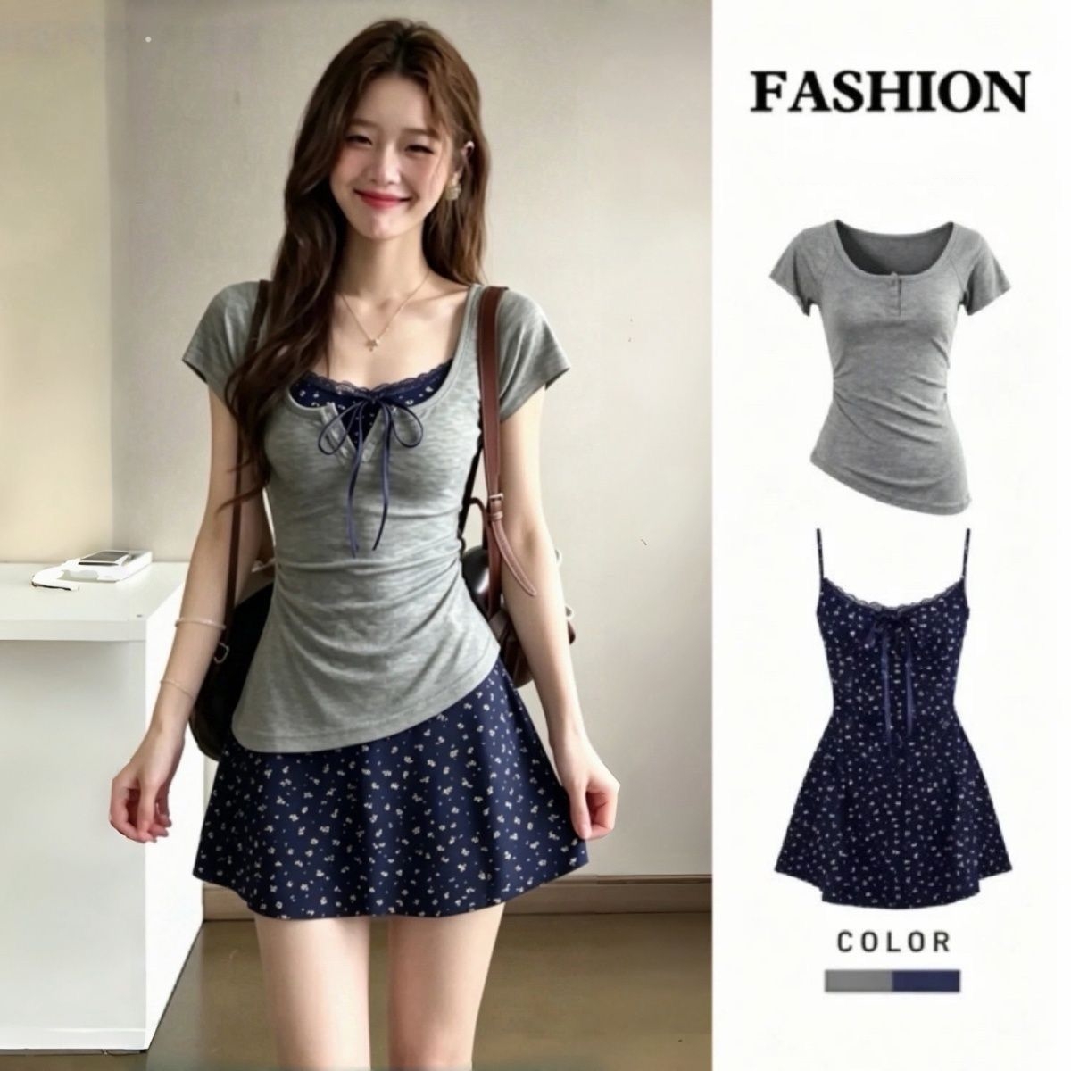 Korean Style A Line Shirt Dress - Completo da donna due pezzi: Mini