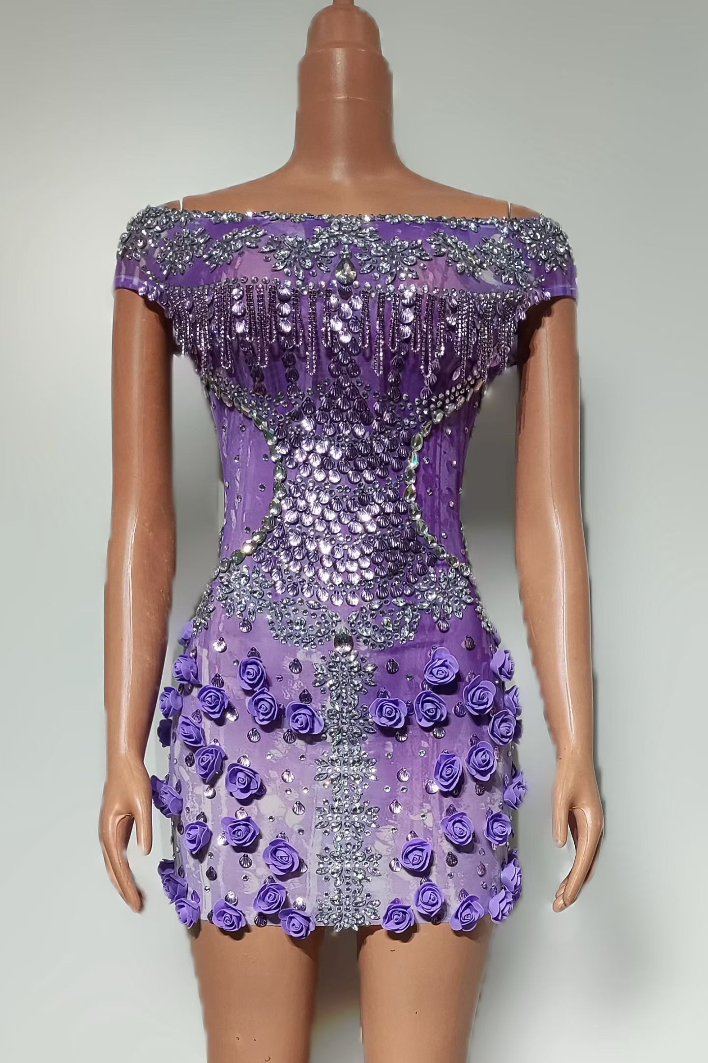 Sparkly Rhinestone Club Party Dress - Abito Mini Scintillante Viola con Strass