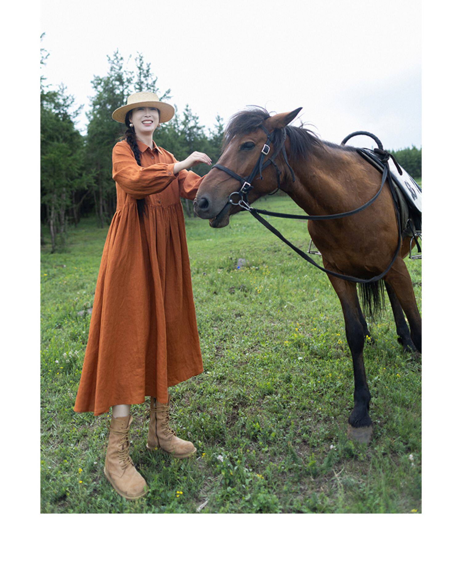 Abito lungo in lino arancione  - Casual Loose Linen Shirt Dress recensione e prezzo
